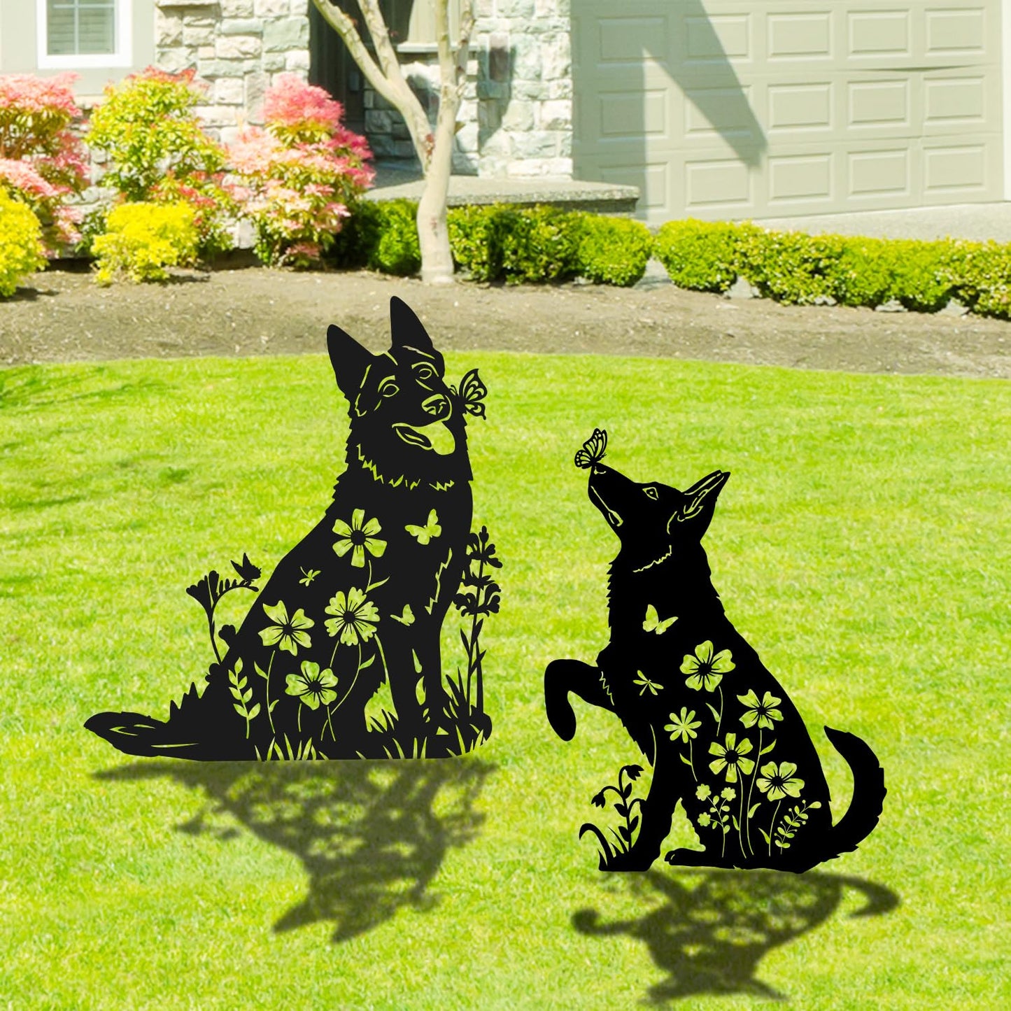 Rngmsi German Shepherd Metal Garden Stakes Yard Decor, 2PCS Black Dog Silhouette Statues Garden Decorative Gifts for Yard Art, Patio, Outside, Lawn Ornaments, Christmas, Backyard
