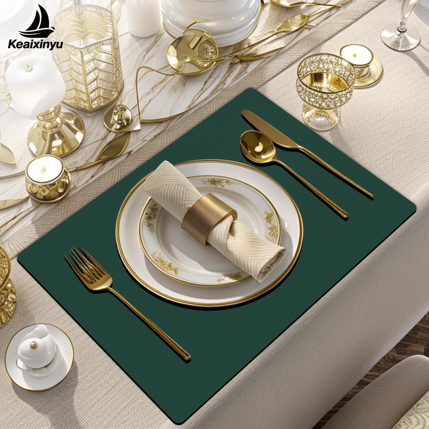 Keaixinyu Placemats and Coasters Set of 6, Waterproof、Oil-Proof Wipeable、Anti Slip PVC Leather Place Mats, Heat Resistant Reversible Table Mats for Kitchen, Dining, Outdoor 17’’×12’’, (Dark Green)