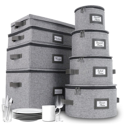 HOMELUX THEORY Hard Shell China Storage Containers, 8pc Light Gray Mug & Plate Storage Box, Kitchen Storage Bins With Lids, Heavy Duty Moving Box with Handles for Dishes, Silverware, Cup & Mug