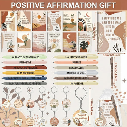 Mooliwe 36 Pcs/12 Set Positive Affirmation Gift Set Gratitude Notebooks with Pens Acrylic Keychains Small Bags Motivational Notepads for Women Coworkers Christmas Adults Party Favors (Boho)