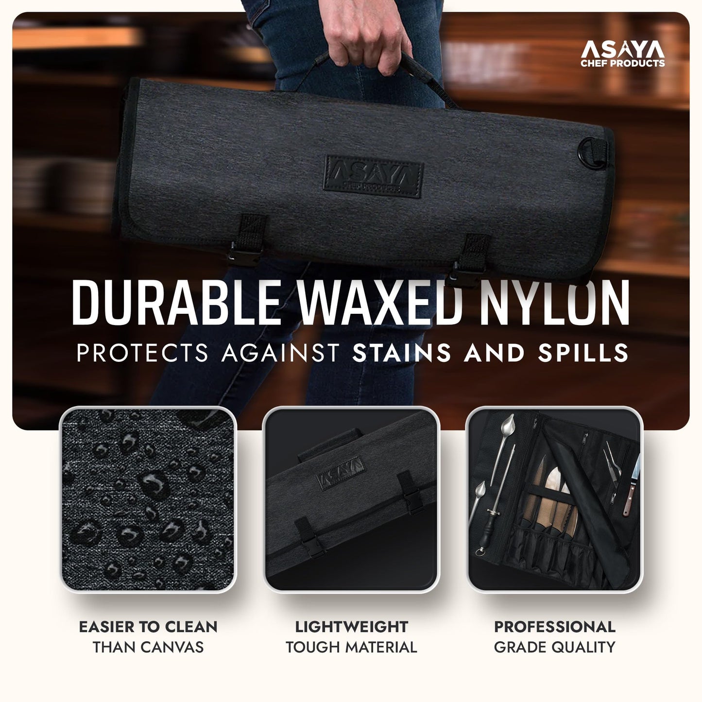 Asaya Waxed Nylon Chef Knife Roll Bag with 20 Slots and Zippered Pockets - Professional Chef Knife Bag & Storage Case, Tool Carrier with Shoulder Strap - Knives Not Included (Black)