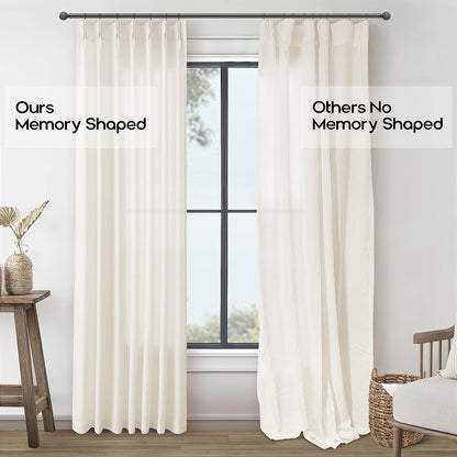 Pinch Pleated Linen Curtains 102 Inch long Memory Shape Training Pleat Drape with Hooks Rings Back Tab for Living Room Patio Glass Door Modern Neutral Cream Ivory Birch Semi Sheer 102 Inch Curtain