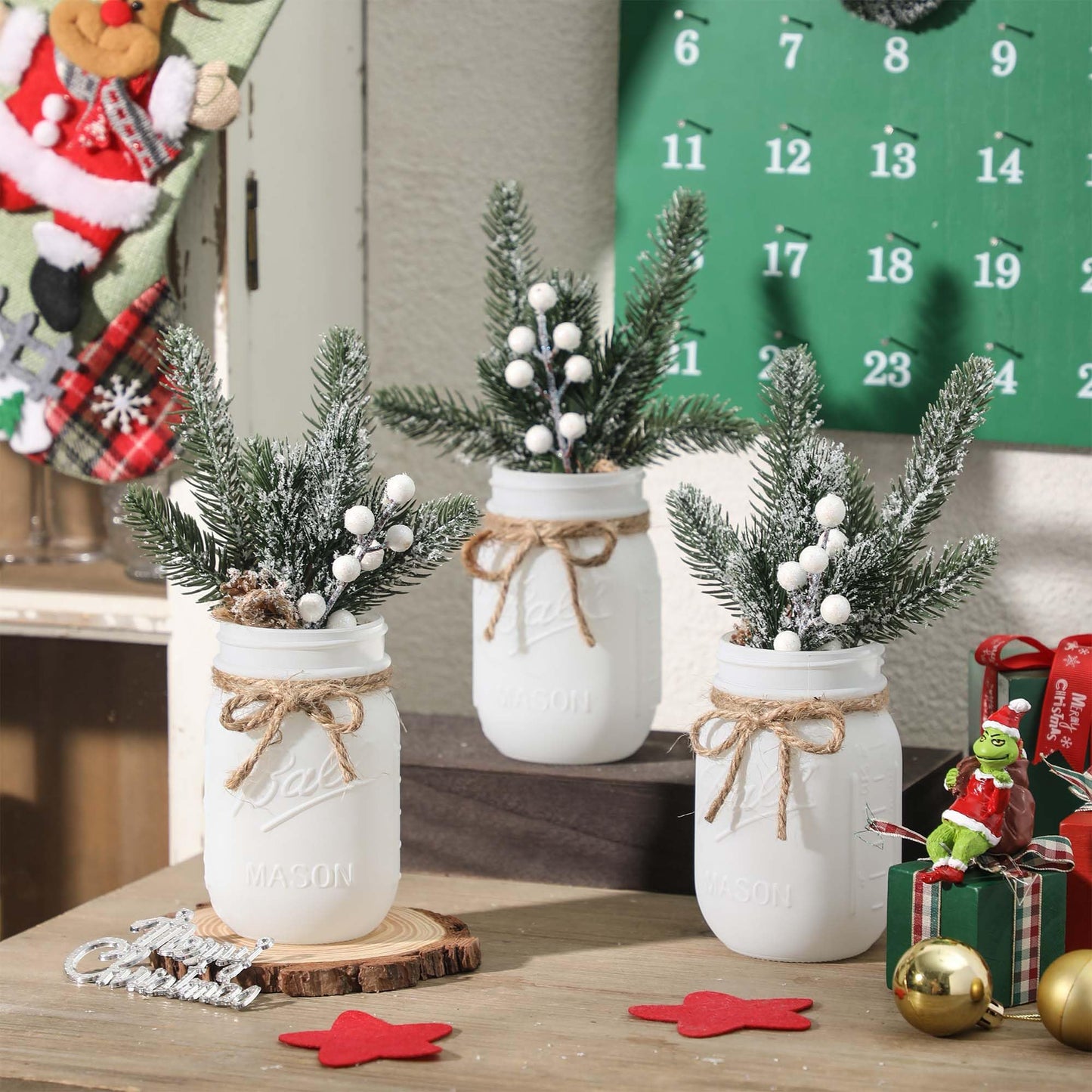 SUPREME LIGHTS ·2017· Christmas Mason Jars, Winter White Mason Jars, Christmas Centerpieces for Home Table Decor, Wood Tray & 3 Decorative Jars, Winter Farmhouse Dining Table Centerpieces Decoration