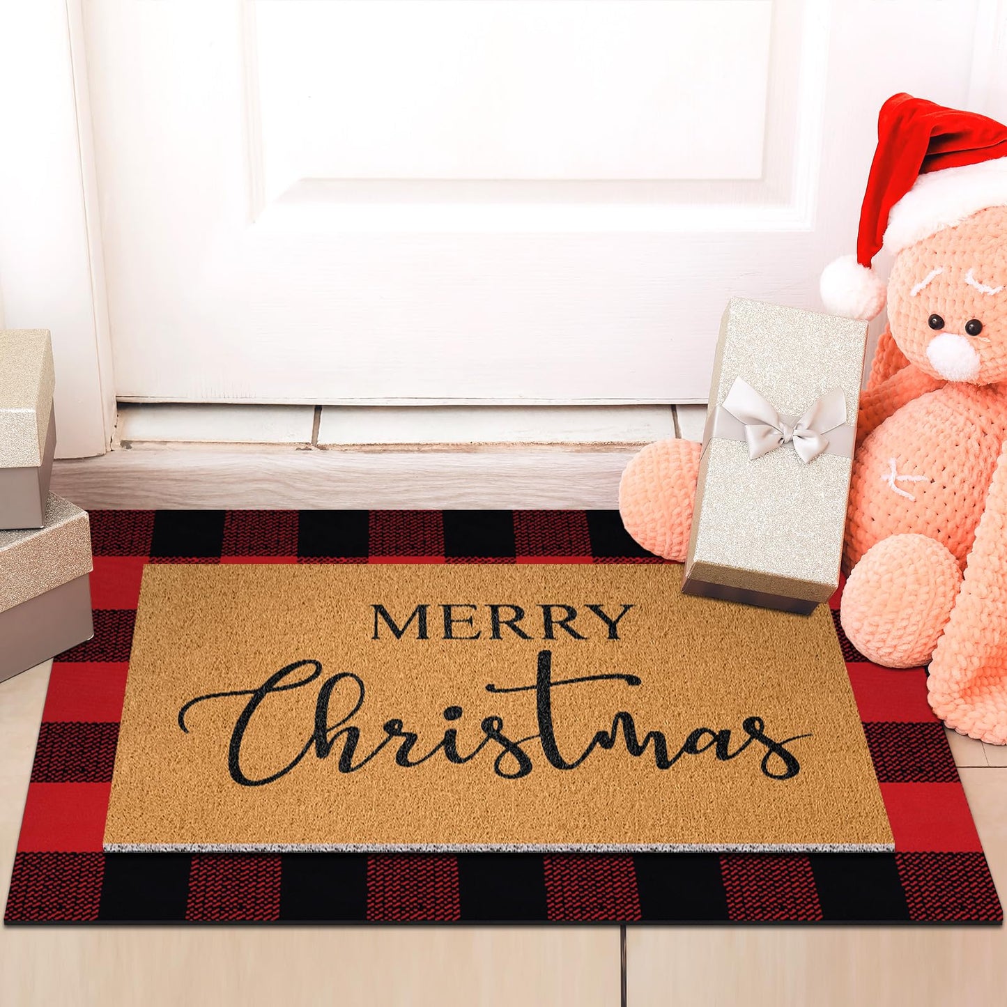 Duraaamo 2 Pcs Christmas Doormat Merry Christ Non Slip Outdoor Rug Xmas Welcome Layered Buffalo Floor Mats for Front Porch Entryway(Red Black,Plaid)