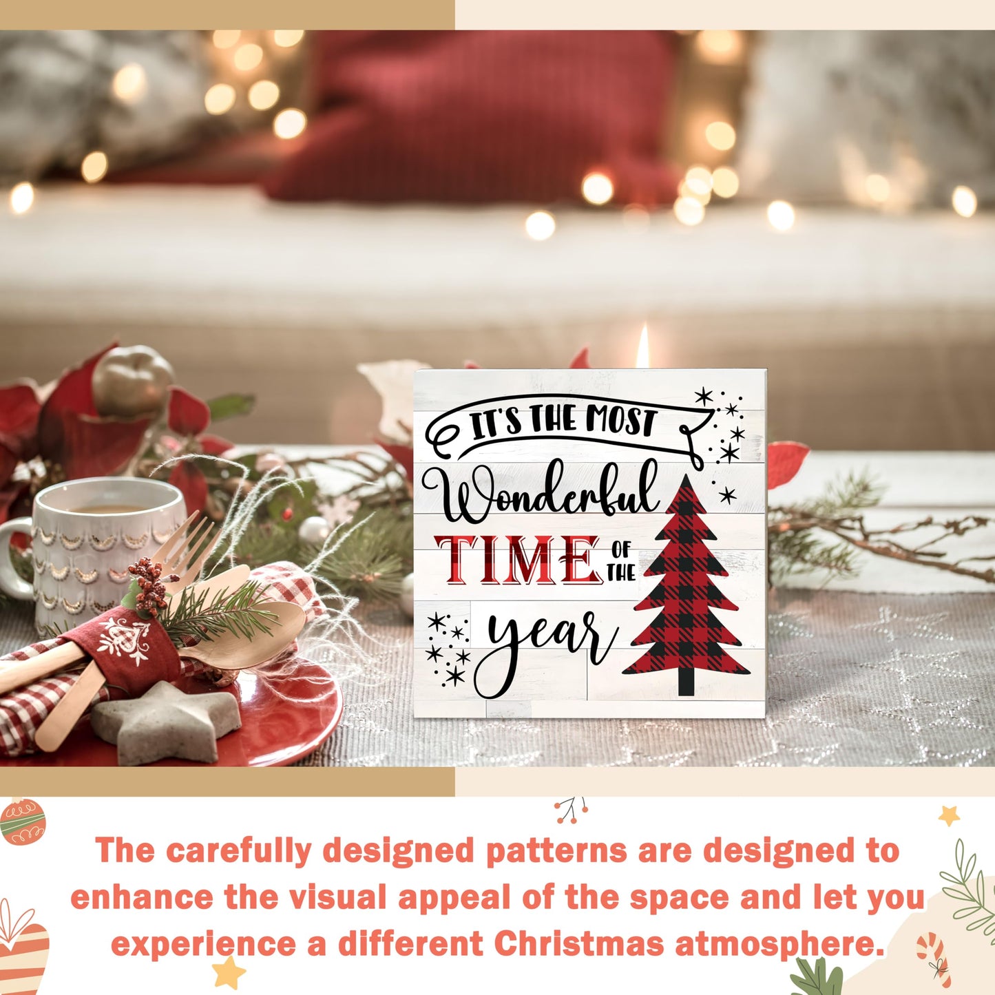 OXRUN Christmas Table Decorations, Pink Merry Christmas Tree Wooden Box Sign Decorative, Xmas Holiday Gifts for Women Men Home Office Shelf Decor 6 x 6 Inches - F12