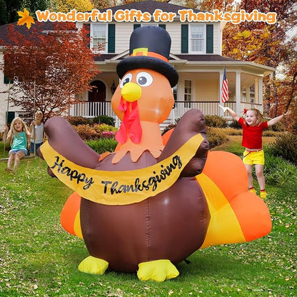 6FT Thanksgiving Inflatables Turkey Outdoor Decorations, Blow Up Turkey with Colorful Tail & Pilgrim Hat Built-in LED Lights for Family Lawn Yard Garden Fall Party House Harvest Holiday Decor