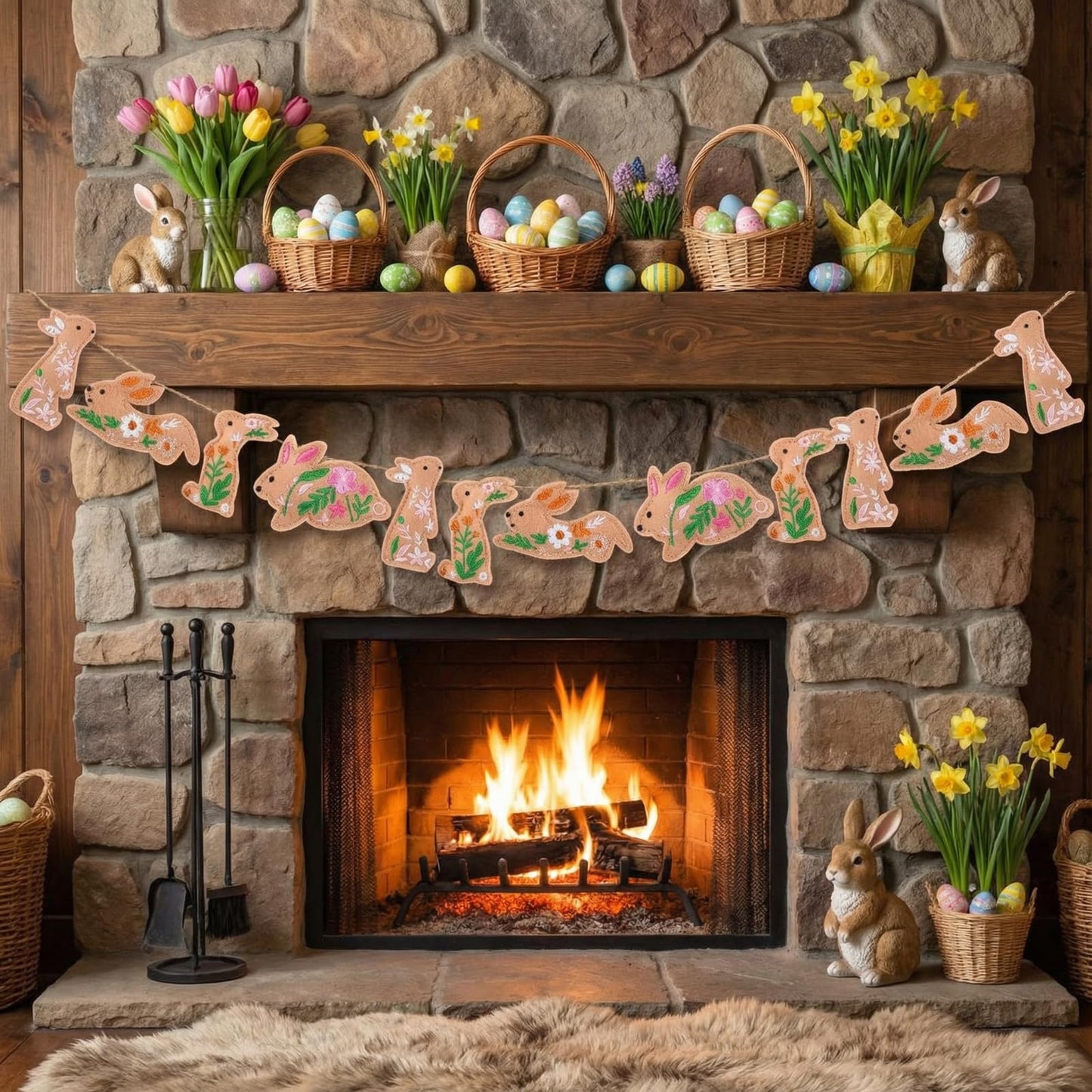 HunnmingRe 12 Pcs Easter Bunny Ornaments Felt Embroidery Easter Hanging Tree Ornaments Handcrafted Bunny Rabbit Spring Tree Decorations for Spring Party Door Home Wall Mantel Decor Arts Crafts Gifts