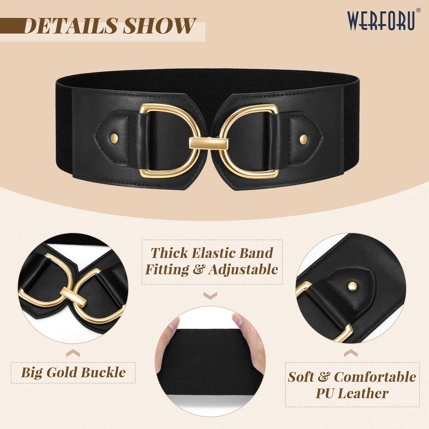 WERFORU Women Elastic Wide Waist Belts for Dresses Fashion Wide Stretchy Belts for Women Big Gold Buckle Thick Dress Belt, A-Black-gold buckle, M: Fit Waist Size 32"-35"