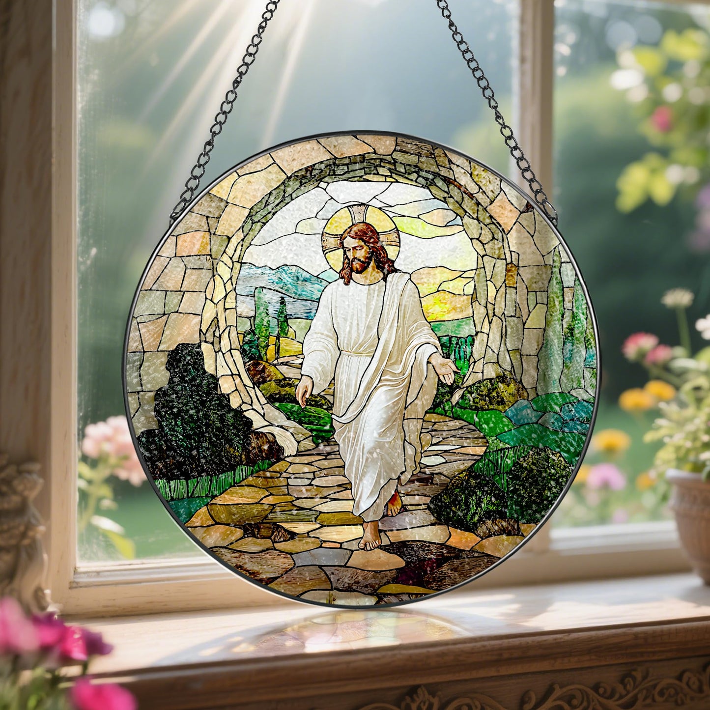 8 Inch He is Risen Resurrection of Jesus Stained Glass Suncatcher, Stained Glass Window Hanging, Sun Catchers Indoor Window Decor and Christmas, Christian Gift, Religious Gifts, Christian Home Decor