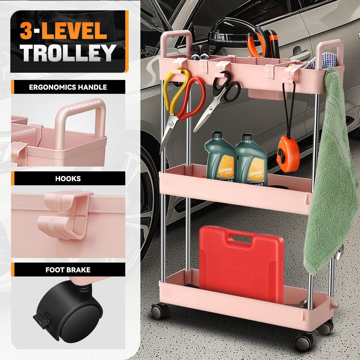 Auto Dynasty 3 Tier Slim Rolling Cart with Handle, Multifunction Utility Storage Rolling Cart, Movable Storage Organizer with Wheels for Office, Bathroom, Kitchen, Narrow Places (Pink)