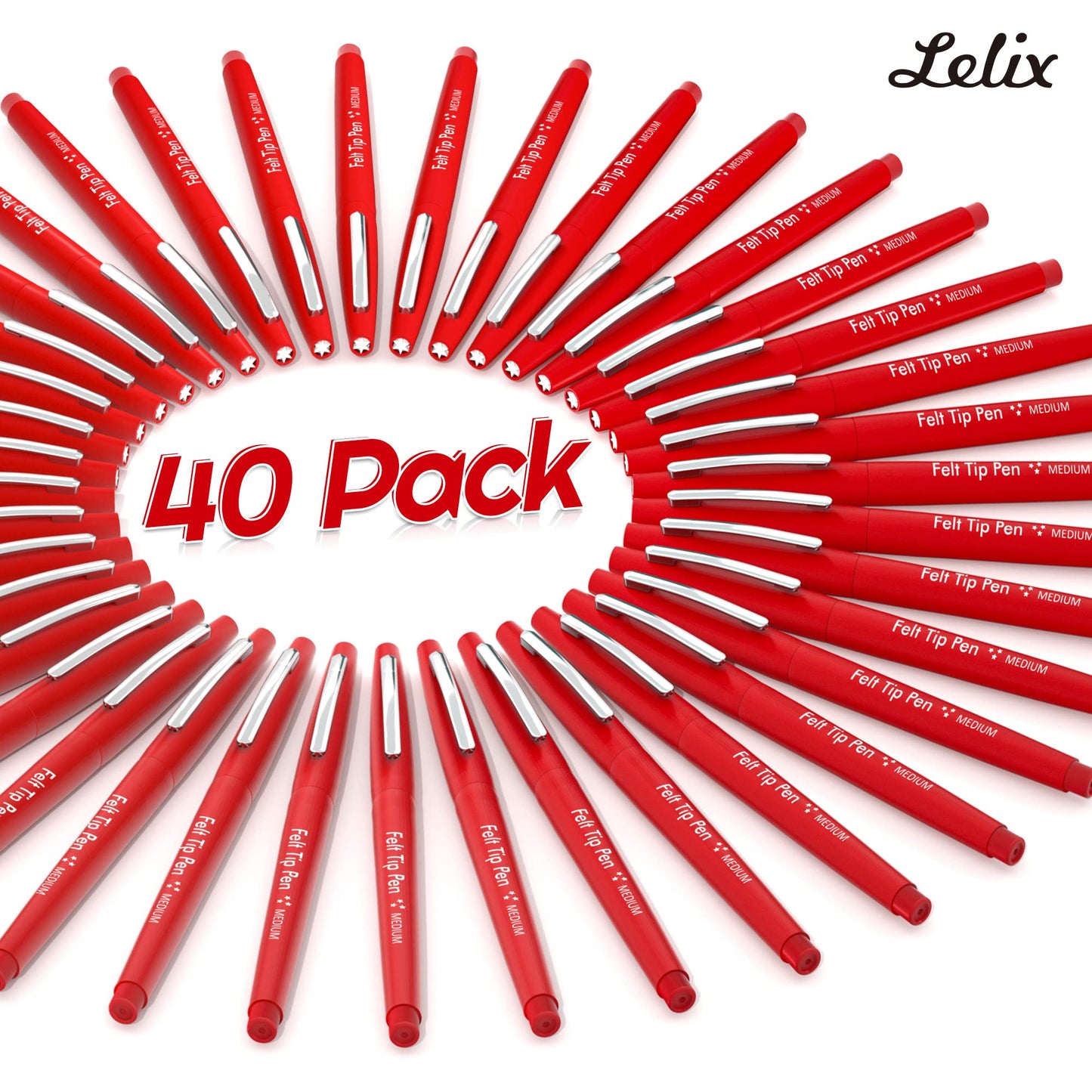 Lelix Felt Tip Pens, 40 Red Pack, 0.7mm Medium Point, Felt Tip Markers Pens for Journaling, Writing, Note Taking, Planner, Perfect for School Office and Art Supplies