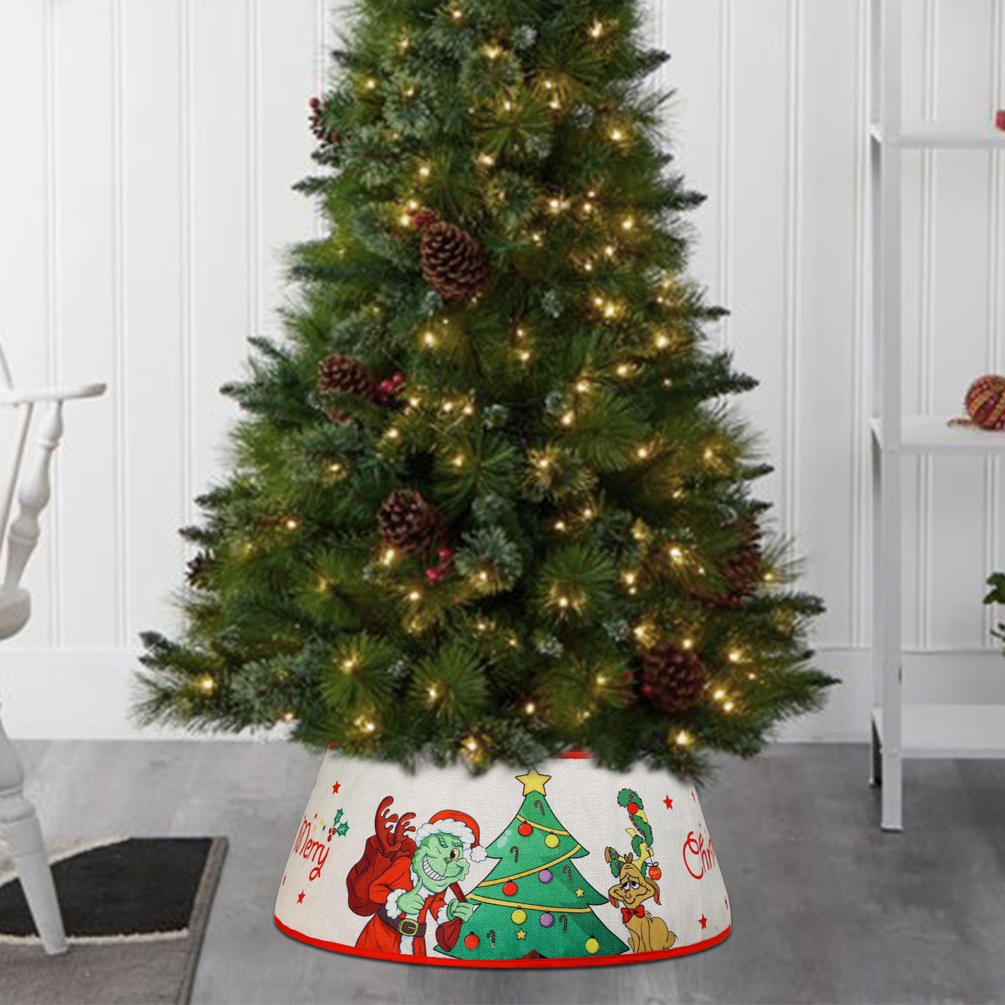 Christmas Tree Collar, 24" Christmas Tree Base Cover with Classic Pattern, Xmas Tree Decorations for Home Indoor, Linen (White)