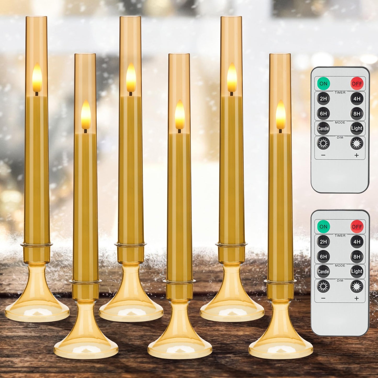 SEHNSY Gold Flameless LED Taper Candles with Remote and Timer, 6 Pack Battery Operated Candles 9.25"x0.75" for Xmas Wedding Decor, 3D Flickering Flameless Candles with Acrylic Candlesticks