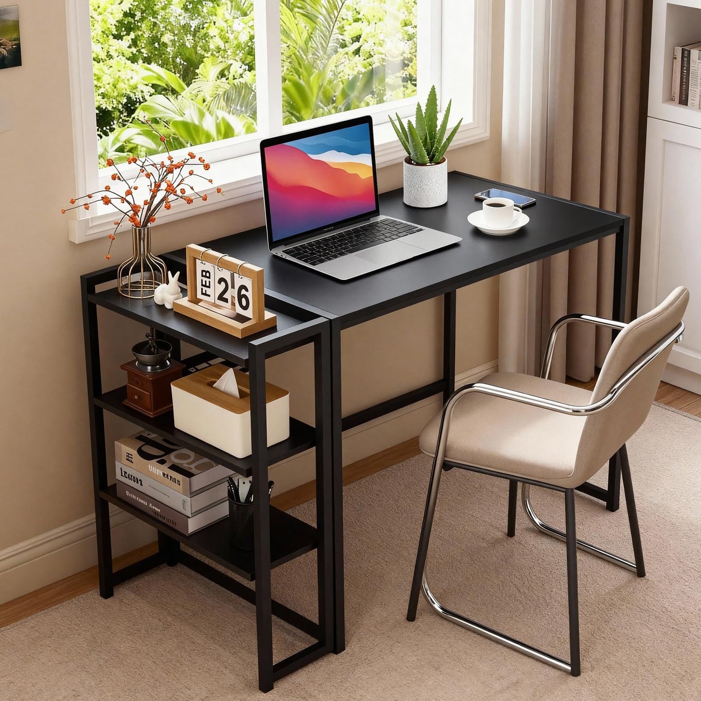 GarveeLife 38.6 inch Folding Desk Writing Computer Desk with Storage Shelf,Spaces Saving Writing Sturdy Table No Assembly,for for Bedroom, Home Office, Dorm, Apartment, Black