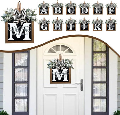 Ultra Large 14'' Last Name All Year Round Front Door Wreath with 26 Initial Letter Welcome Sign All Seasons Eucalyptus Garland and Bow Wreaths for Front Door Porch Farmhouse Decoration (M)