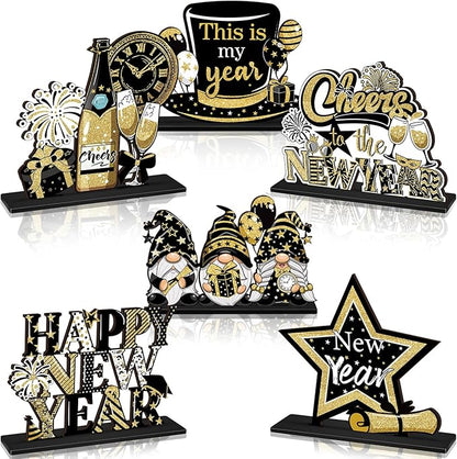 Realspring 6 Pc Happy New Years Table Decorations, New Year 2026 Wooden Table Centerpieces, Black Gold 2026 Party Supplies, Eve Party Supplies