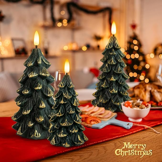 Green Christmas Tree Shaped Flickering Flameless LED Candles with Timer, Real Wax Battery Operated, Set of 3