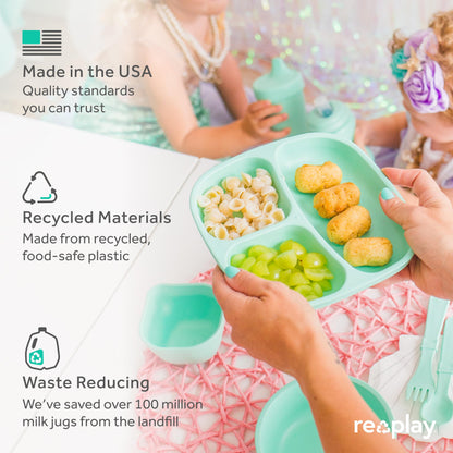 Re-Play Toddler Plates with Dividers - Deep-Walled 3 Compartments Divided Plates for Kids - Dishwasher & Microwave Safe - Made in USA - Set of 3-7.37" x 7.37" x 1.25" - Beach Baby