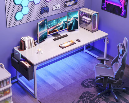 ODK Computer Desk Large Office Desk, 63 Inch Gaming Desk with Storage, Modern PC Work Table with Headphone Hook for Home Office, Splice Board, White + White Leg
