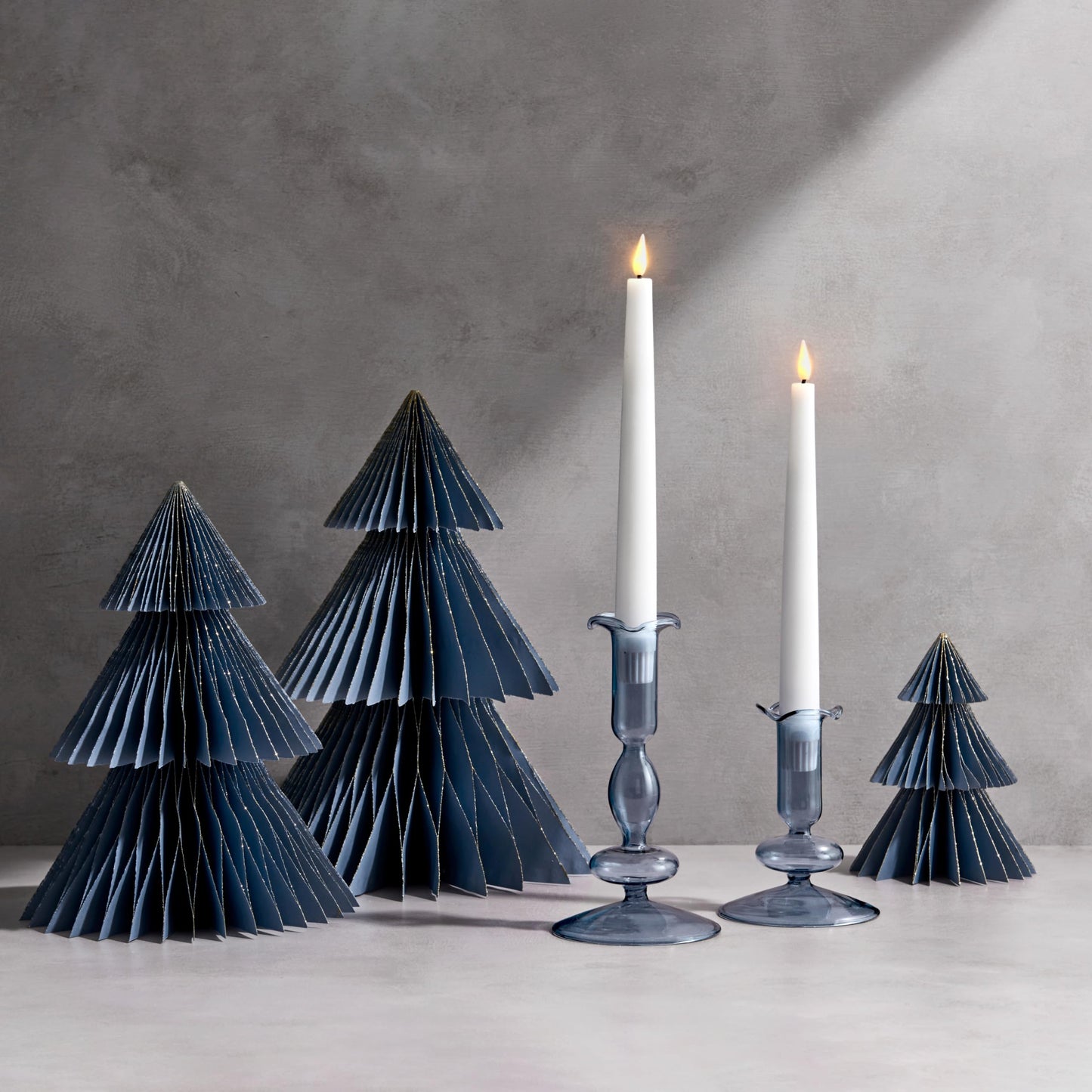 LampLust Paper Christmas Tree Decor, 2 Pack Dusty Blue Honeycomb Paper Trees, 10" & 12", Blue Decor, Winter Wonderland Decorations, Winter Table Centerpieces, Winter Decorations, Mini Ornaments