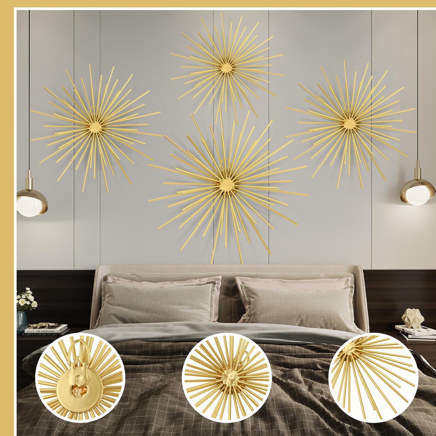 Shimeyao 4 Pcs Metal Starburst Wall Decor Gold Metal Wall Art 3D Spike Bling Finish Star Burst Hangings Accents Sculptures Set Modern Mid Century Decorations for Living Room Bedroom Entryway