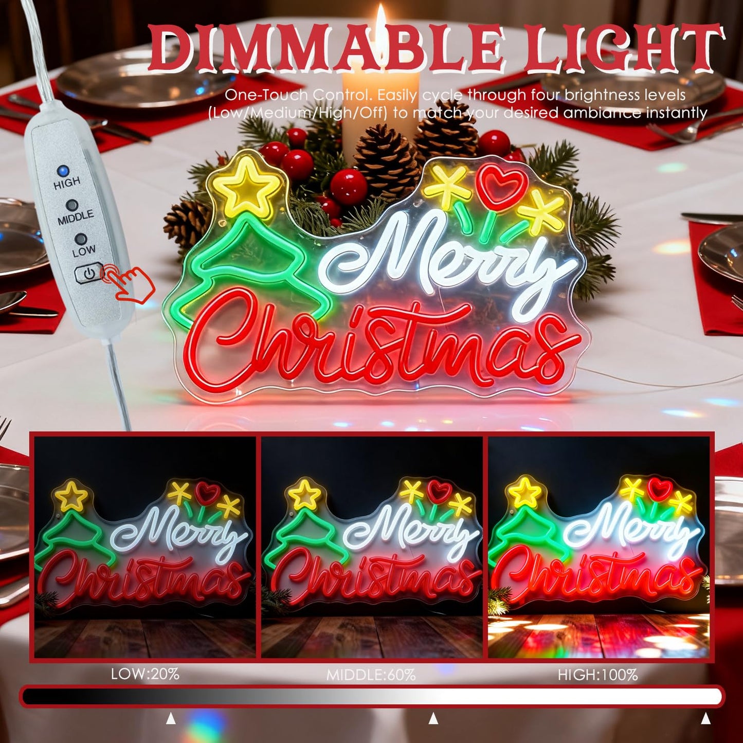 Modern Merry Christmas Neon Sign with Tree & Santa Hat, LED Light Sign for Wall Decor, USB Powered Dimmable Indoor Christmas Window Lights for Home, Bedroom,Party, Bar, Xmas Decorations Gift