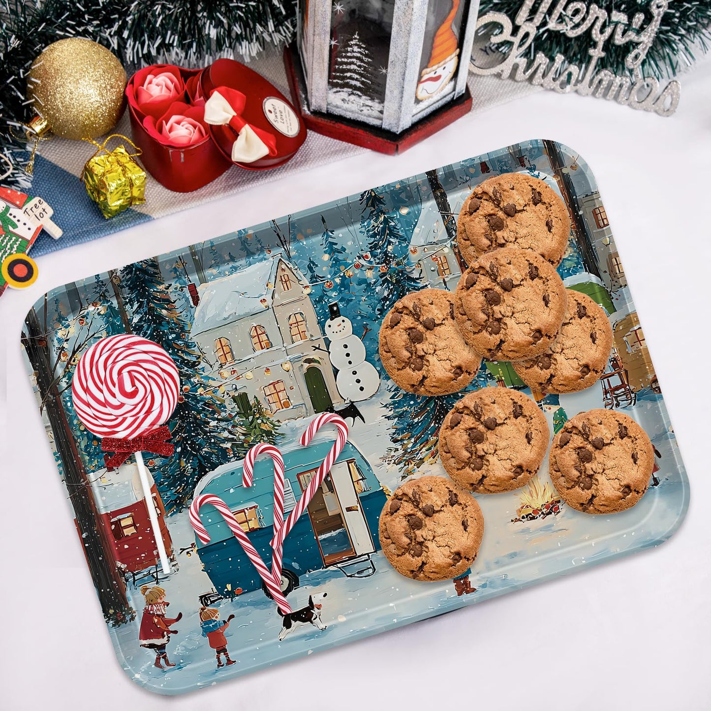 Jrusmr 4 Pack Christmas Serving Trays, 15 x 11 Inch Melamine Holiday Platters with Winter Village, Ice Skating, and Camping Designs, Reusable Festive Trays for Snacks, Cookies, and Entertaining