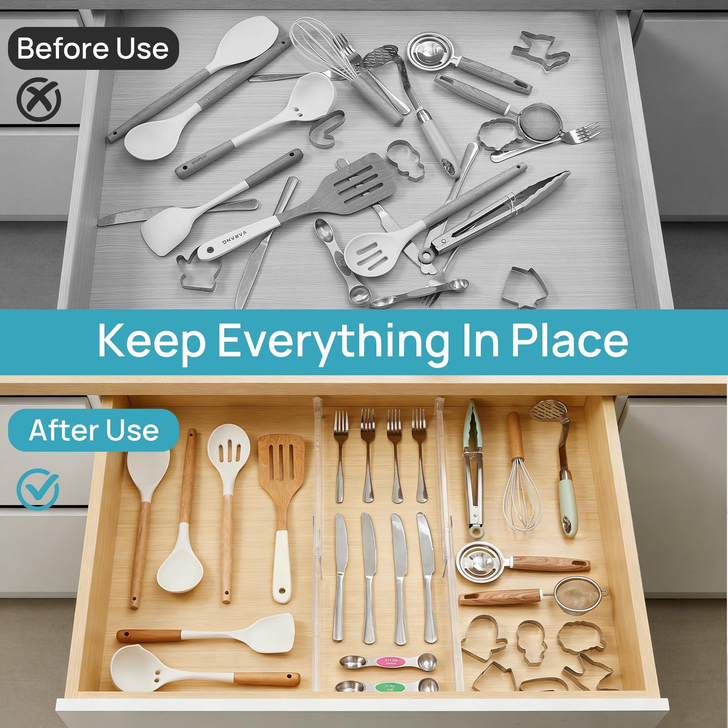 Vtopmart 8 Pack Shallow Drawer Dividers, 2.36" High 12.5"-20.8" Adjustable Expandable Kitchen Drawer Organizer, Clear Plastic Organizer Separators for Flatware, Utensil, Cutlery, Underwear, Clothes