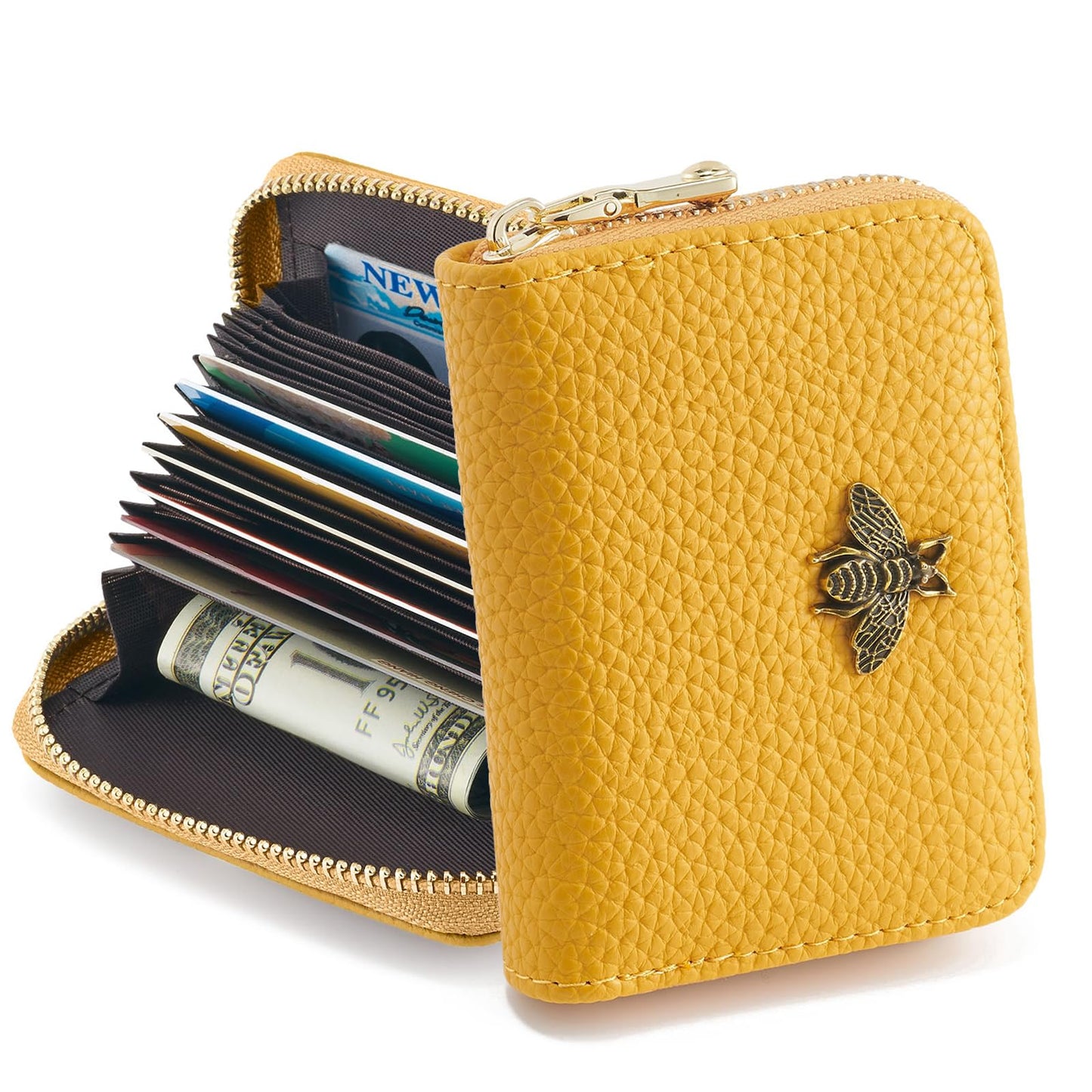 WOZEAH Small Women RFID Wallet Credit Card Holder, Accordion Wallet Leather Zipper Card Case（Yellow）