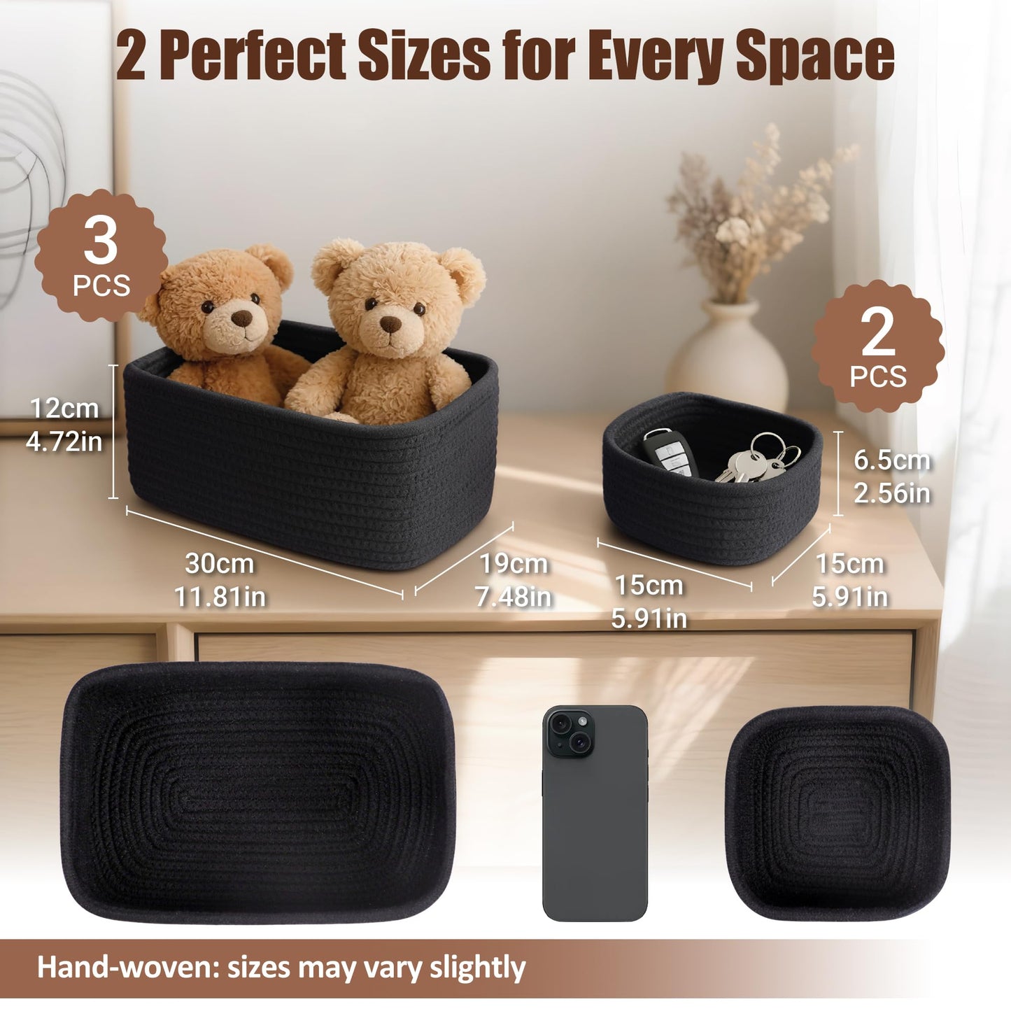 VIRETH HAUS 5-Pack Small Woven Rope Storage Baskets – 2 Sizes Organizer Bins for Closet, Shelf, Bookshelf, Nursery, Changing Table, Fabric Cube Boxes, Rectangular Shallow Bins for Bathroom, Toy & Home