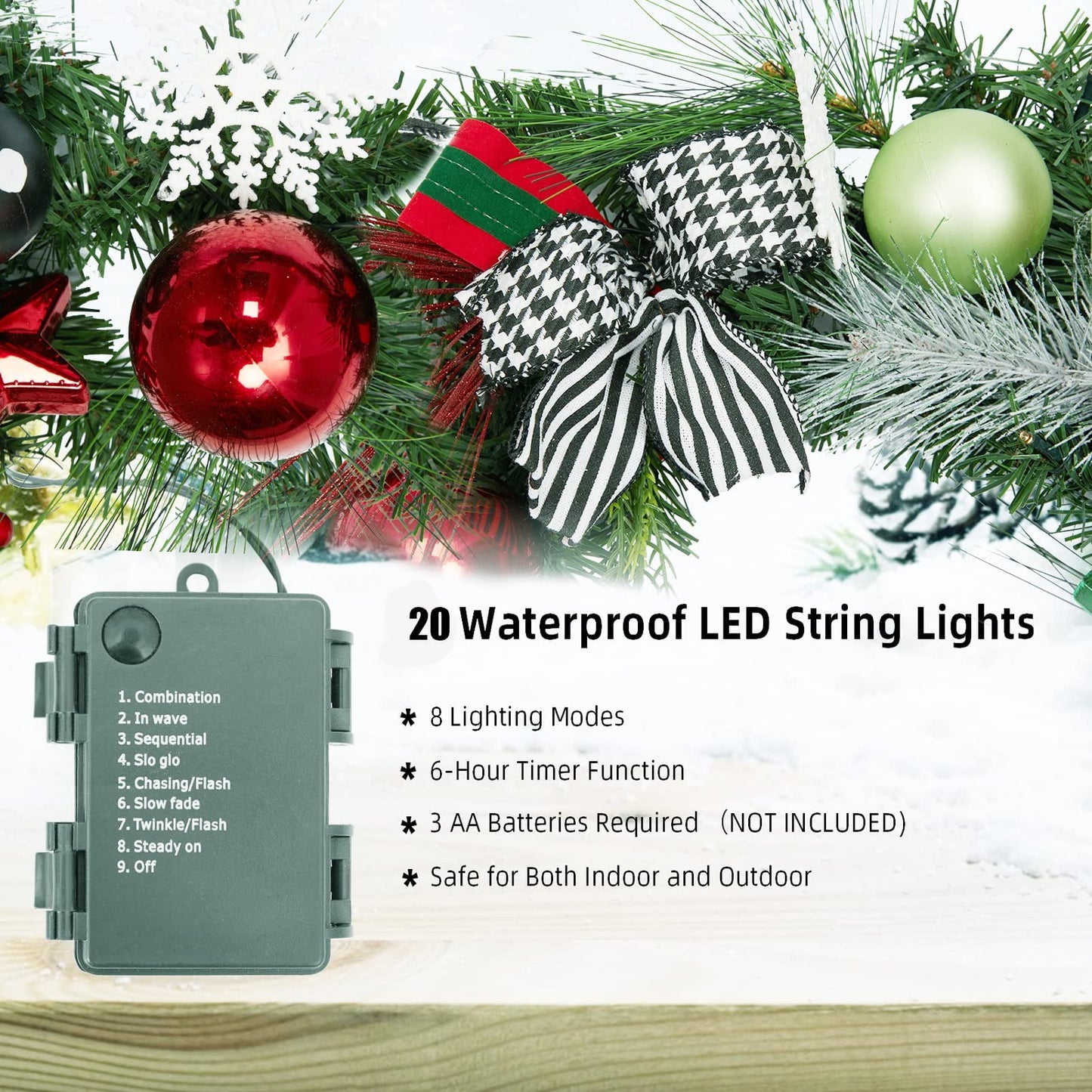 Adeeing 6 FT Christmas Garland with Lights, Pre-lit Outdoor Garland with Battery Operated 20 LED Lights, Holiday Garland with Stars, Flower, Berry Branches(Red and Green)