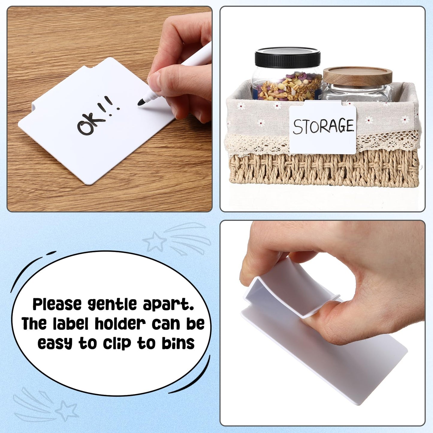 Chinco 80 Pcs Basket Label Clips Set Include 76 Removable Kitchen Clip Label Holder PVC Storage Bin with 4 Chalk Markers for Basket Kitchen Pantry Organization (White Clip, Black Pen)