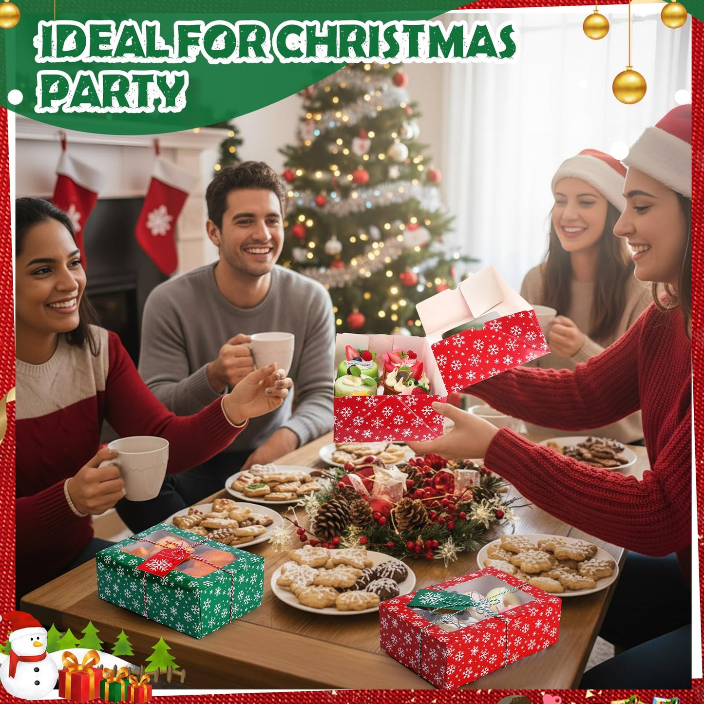 Glenmal 24 Pcs Christmas Cookie Boxes with Window 9 x 6 x 3 Inch Red Green Xmas Snowflakes Bakery Treat Container with Tag String for Holiday Gift Giving Pastries Candy Cupcake Dessert Party Supplies