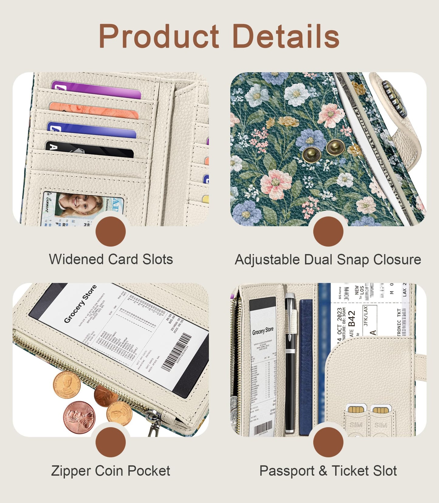 Flower Wallet Women RFID Blocking Bifold, Cute Passport Holder, Zipper Coin Pocket, Credit Card Holder, Travel billfold, PU Leather, Clutch, Cash Purse, Pen Holder, Gift for Woman Ladies Female Girls