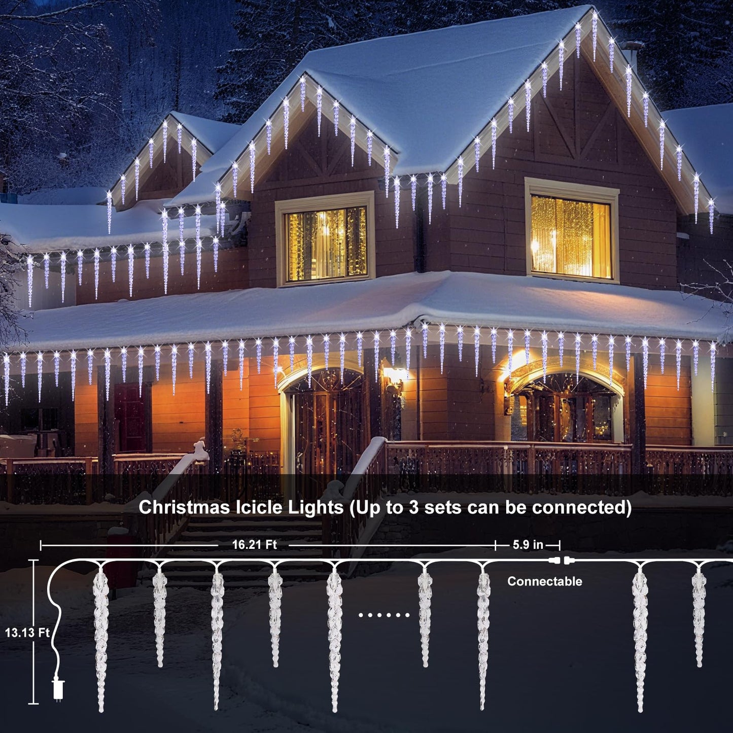 Christmas Icicle Lights Outdoor, 16.4FT Crystal String Light with 40 Ice Shaped Tubes with 8 Modes, Connectable Waterproof Hanging LED Christmas Lights Plug in for Eave Home Holiday Party Xmas Decor