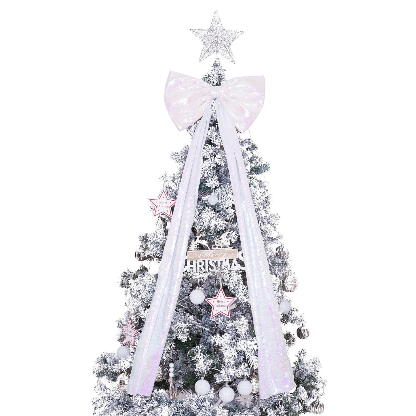 PartyDelight Large Christmas Tree Topper Bow White Iridescent Sequin 16x47 Inchs Big Decorations Bow for Window Wall Home Room Party Xmas Decoration