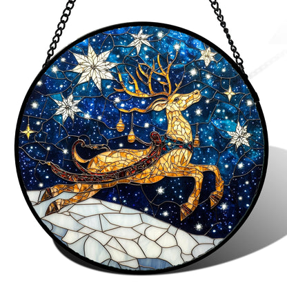 HWRHTR Stained Glass Window Hanging - Reindeer Blue Starry Sky Suncatcher for Doors Home Christmas Decoration Winter Sun Catcher Thanksgiving New Year Birthday Gifts for Women Men Mom Nana 9.8 in
