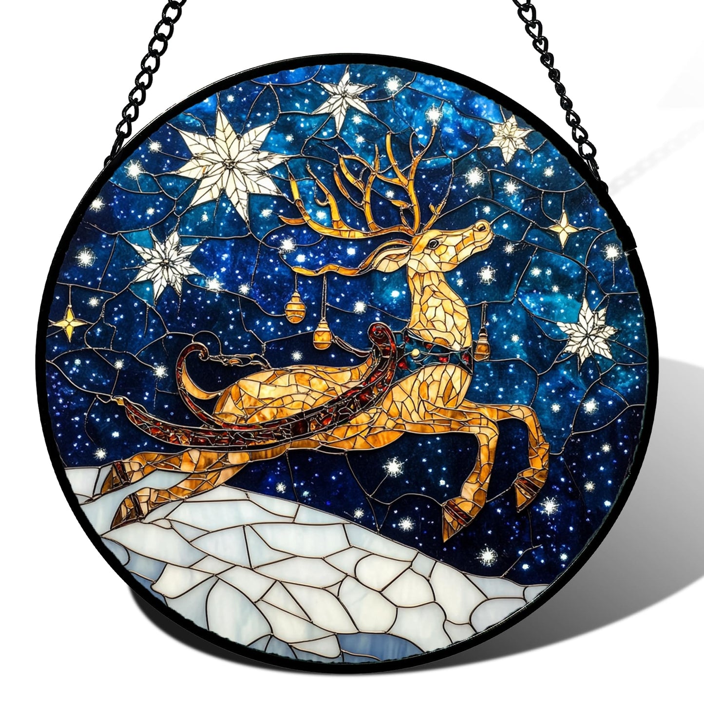 HWRHTR Stained Glass Window Hanging - Reindeer Blue Starry Sky Suncatcher for Doors Home Christmas Decoration Winter Sun Catcher Thanksgiving New Year Birthday Gifts for Women Men Mom Nana 7.8 in