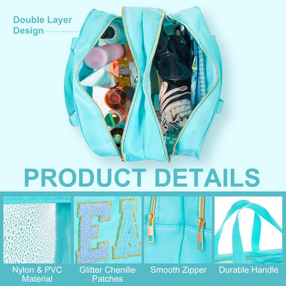 Pinkunn Large Clear Chenille Letter Bag Double Layer Makeup Patches Cosmetic Bag Zipper Pouch for Travel Waterproof Nylon Toiletry Makeup Supplies for Women Girls(Teal,Beach)