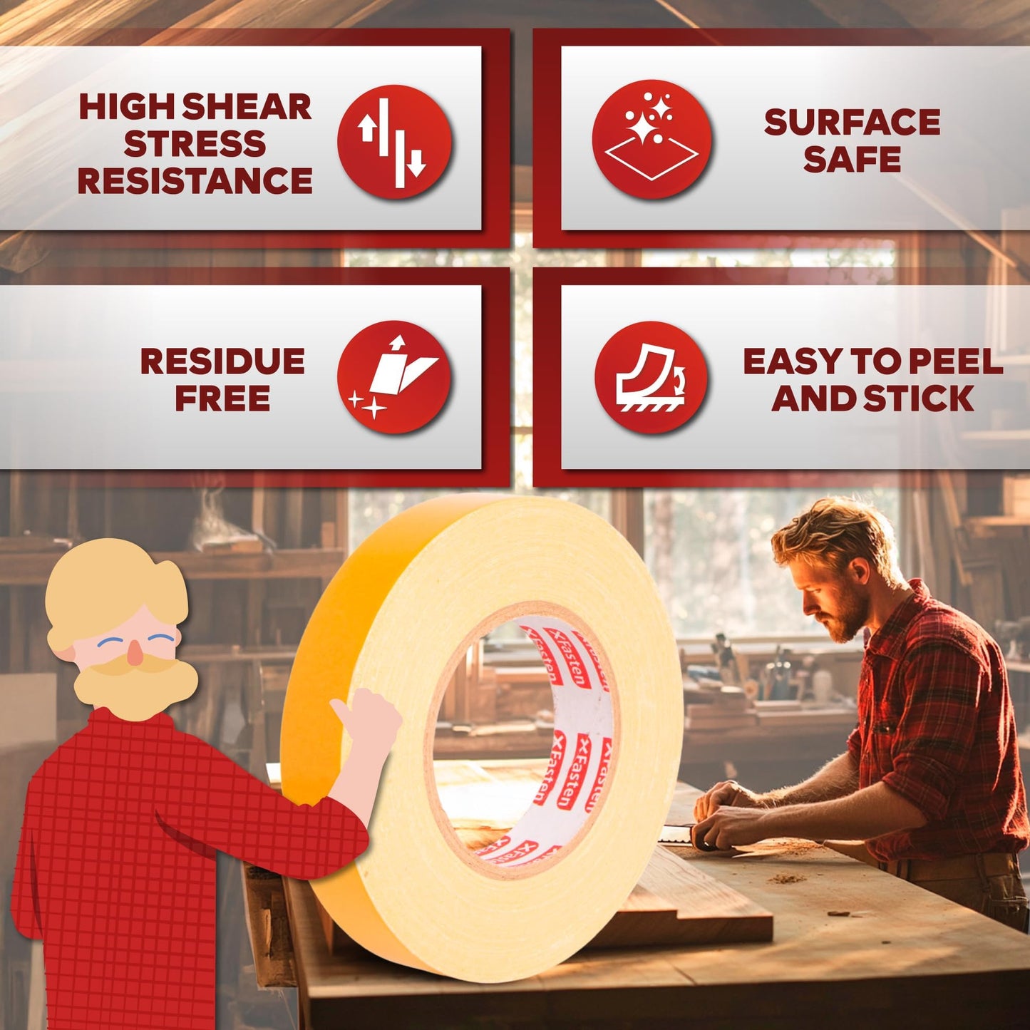 XFasten Double Sided Woodworking Tape 2 Inch x 90 Feet, Heavy Duty Residue-Free Double Sided Masking Tape for Router Templates, High Speed CNC Router, MDF Edge Banding, and Zero Clearance and Gap Cuts
