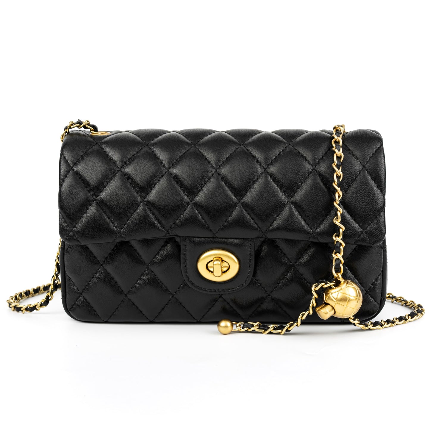 DORIS&JACKY Small Quilted Crossbody Purse for Women, Designer Lambskin Shoulder Cellphone Purse with Twist Lock and Chain Strap (Black)