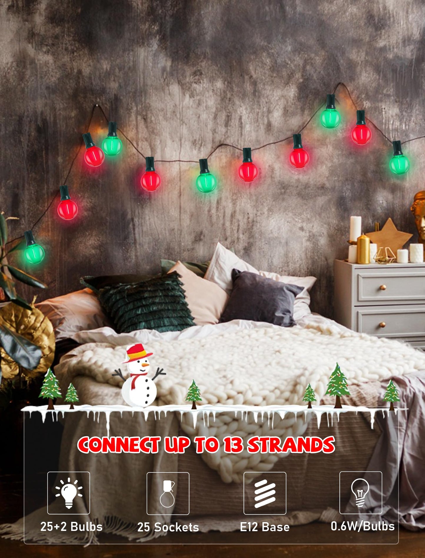 Romasaty G40 LED Christmas String Lights, 50FT Christmas G40 String Lights with 27 Shatterproof LED Clear Red Green Bulbs, Xmas Outdoor Decoration Lights for Patio Backyard Roofline Garden Yard