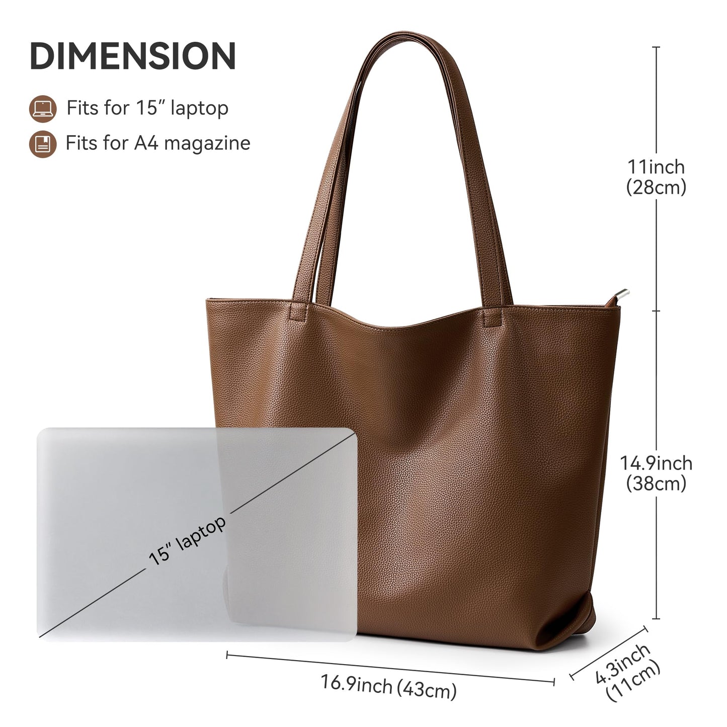 WLLWOO Soft Vegan Leather Tote Bag for Women Large Casual Hobo Handbags Zipper Shoulder Work Daily Weekender Travel Purse, Coffee