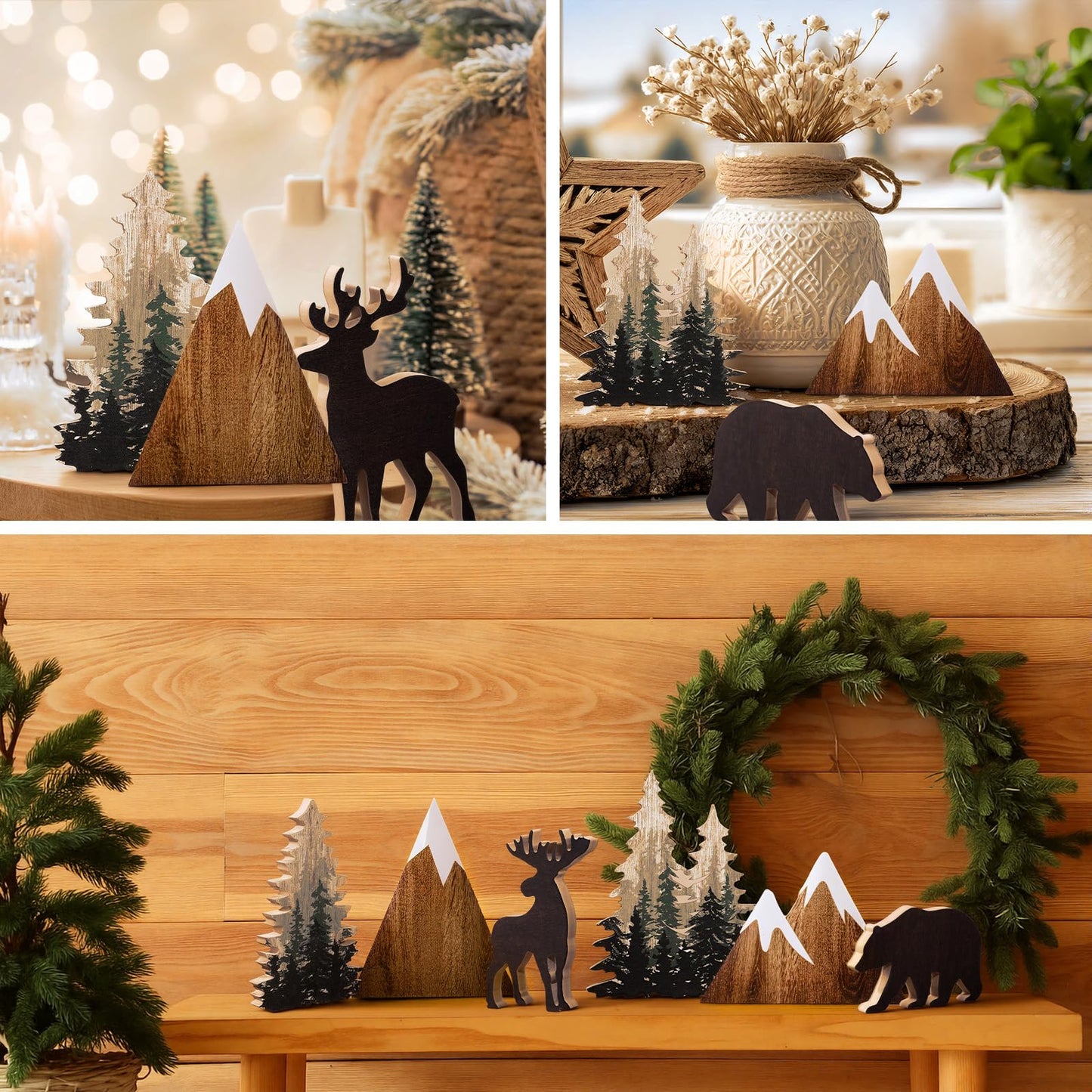 DoubleFill 10 Pcs Cabin Shelf Decor Wooden Forest Animals Bear Mountain Pine Tree Sign Rustic Woodland Decor for Cabin Farmhouse Table Centerpiece Home Office Decoration