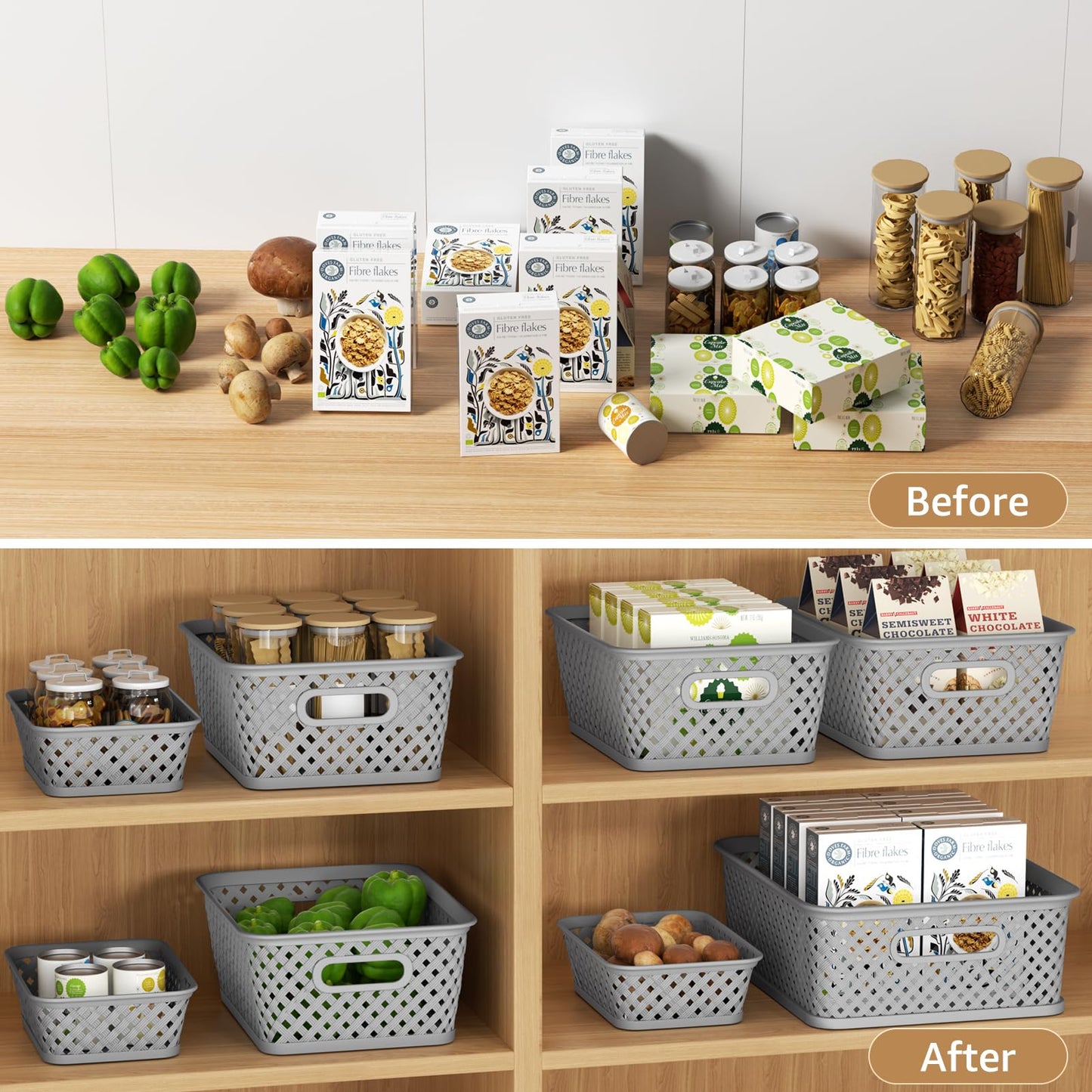 MaxGear 3 Pack Plastic Storage Baskets, Large, Grey