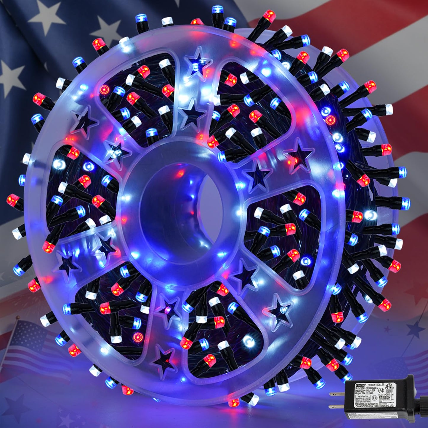 QITONG 500 LED Red White and Blue String Lights, 165ft 4th of July Decorations Lights Plug in Outdoor Indoor, 8 Modes Patriotic Light Green Wire for Independence Memorial Day Décor