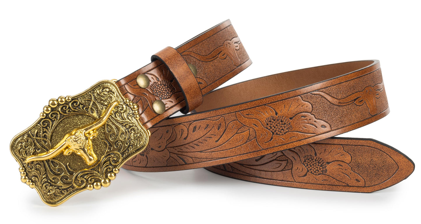 Voenkca Western Cowboy-Cowgirl Leather-Belts for Men - with Longhorn-Bull