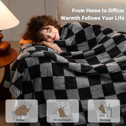 Heated Electric Blanket Twin Size, 62X84 Heating Blanket with 10 Heat Level & 8 Hours Auto Off, Black Gray Checkered Plaid Soft Fleece Sherpa Blankets Warmer Gifts for Couch Grandma Women Adults