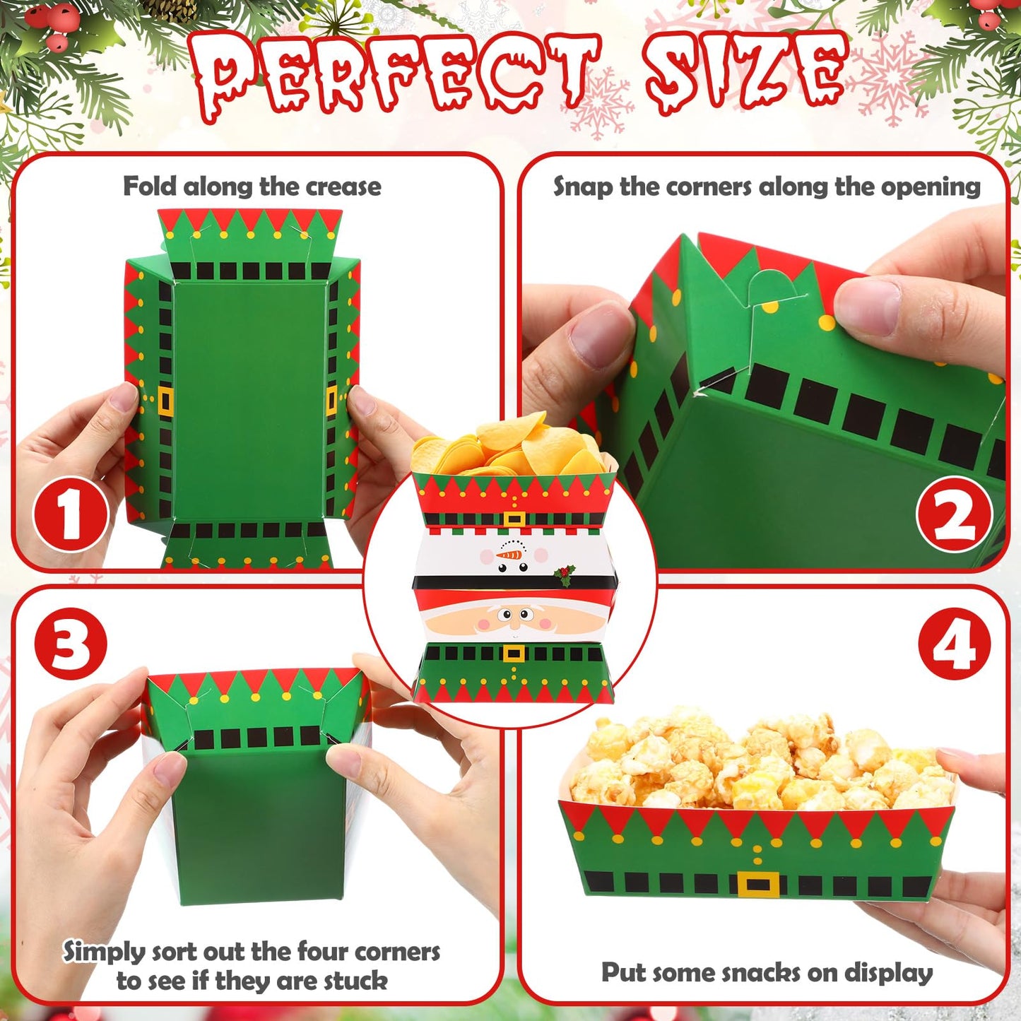 Dunzoom 48 Pcs Christmas Paper Food Trays Plates Disposable Christmas Movie Snack Trays Santa Elf Snowman Red Green Plates Nacho Hot Dog Serving Boat for Xmas Party Supplies Decoration (Style 1)