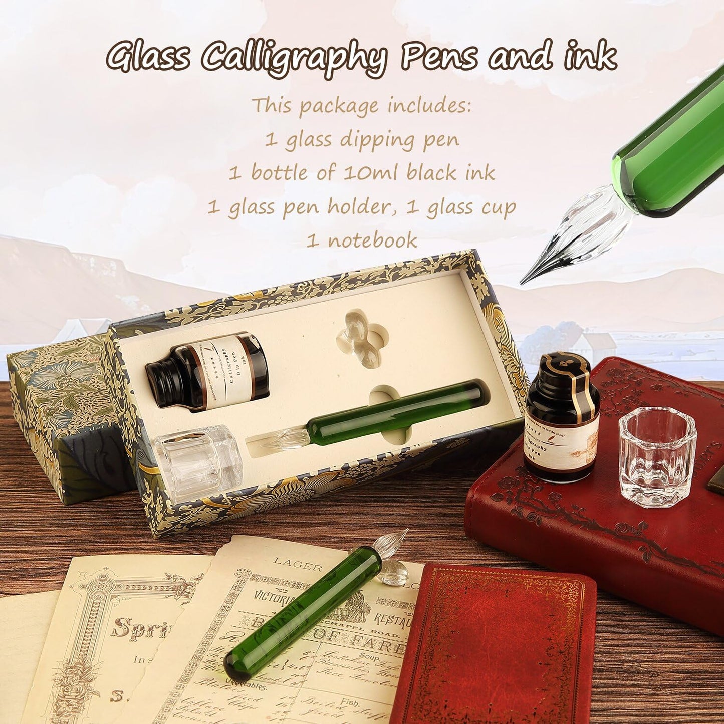GC QUILL Glass Dip Pen Set,Calligraphy Pen,A Squat Crystal Signature Pen for Art, Writing, Signatures -Decoration and Business Gift (Green)